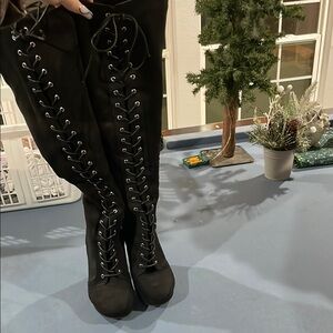 Black Lace-Up Knee-High Boots